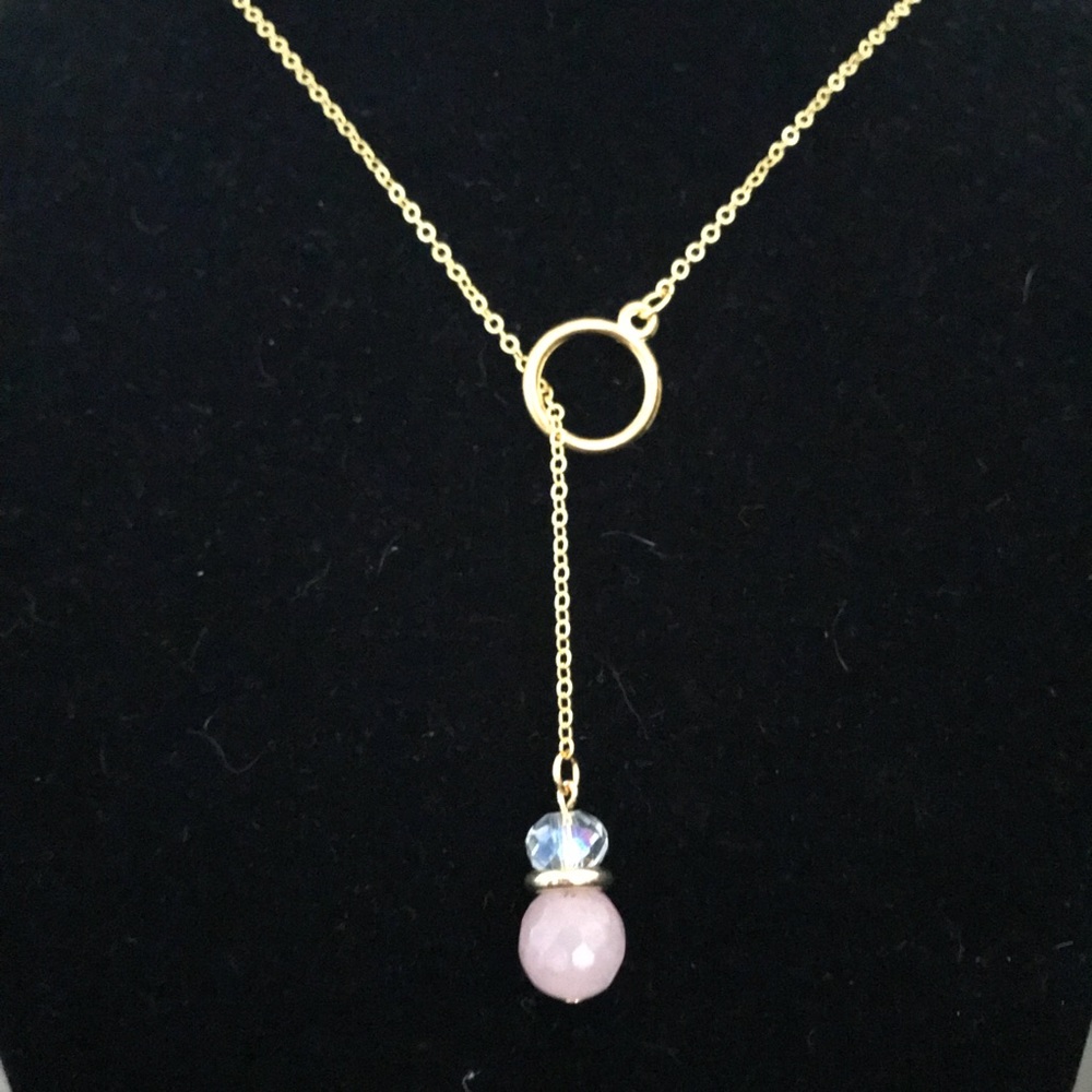 🎉HP🎉Handmade Gold Lariat Necklace w/ Pink - Picture 2 of 4